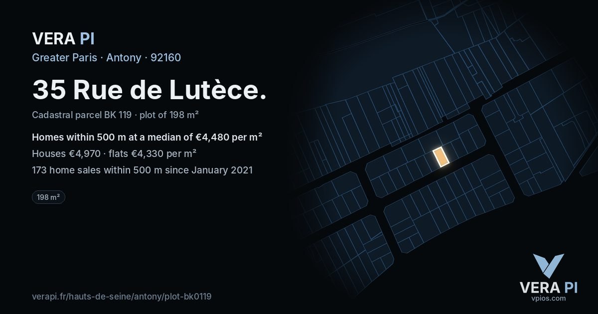 35 Rue de Lutèce, Antony at night – the plot lit, the parcels around coloured by the prices near them