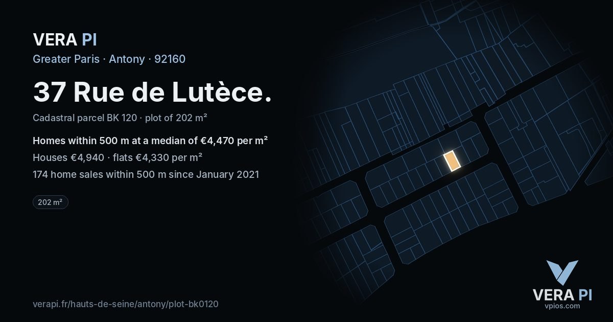 37 Rue de Lutèce, Antony at night – the plot lit, the parcels around coloured by the prices near them