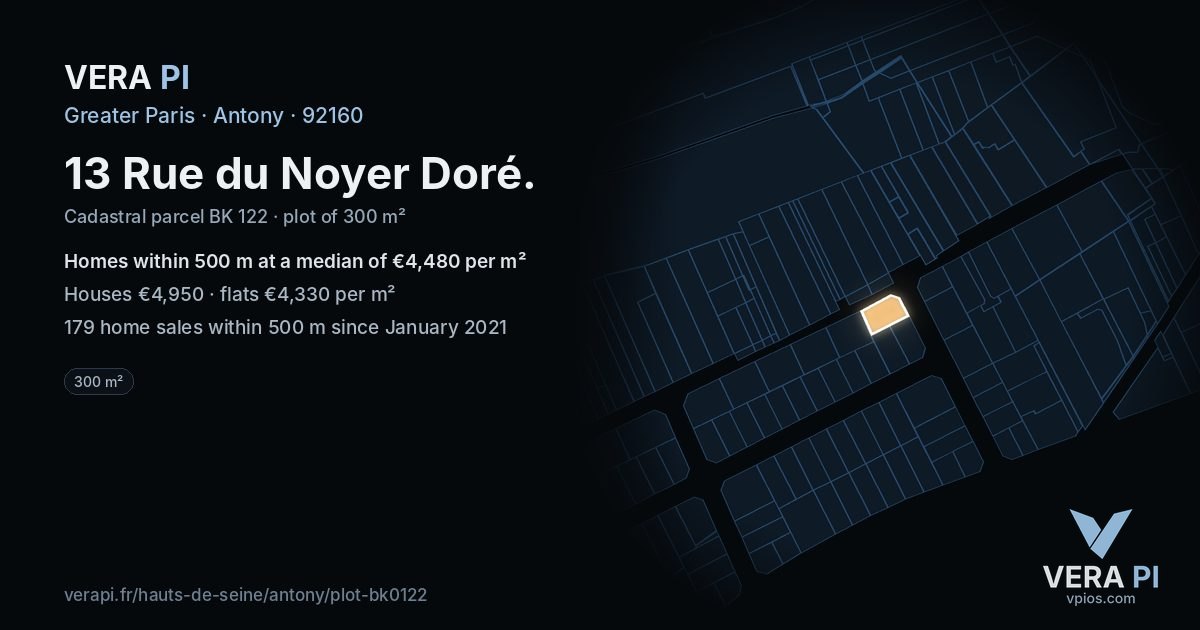 13 Rue du Noyer Doré, Antony at night – the plot lit, the parcels around coloured by the prices near them