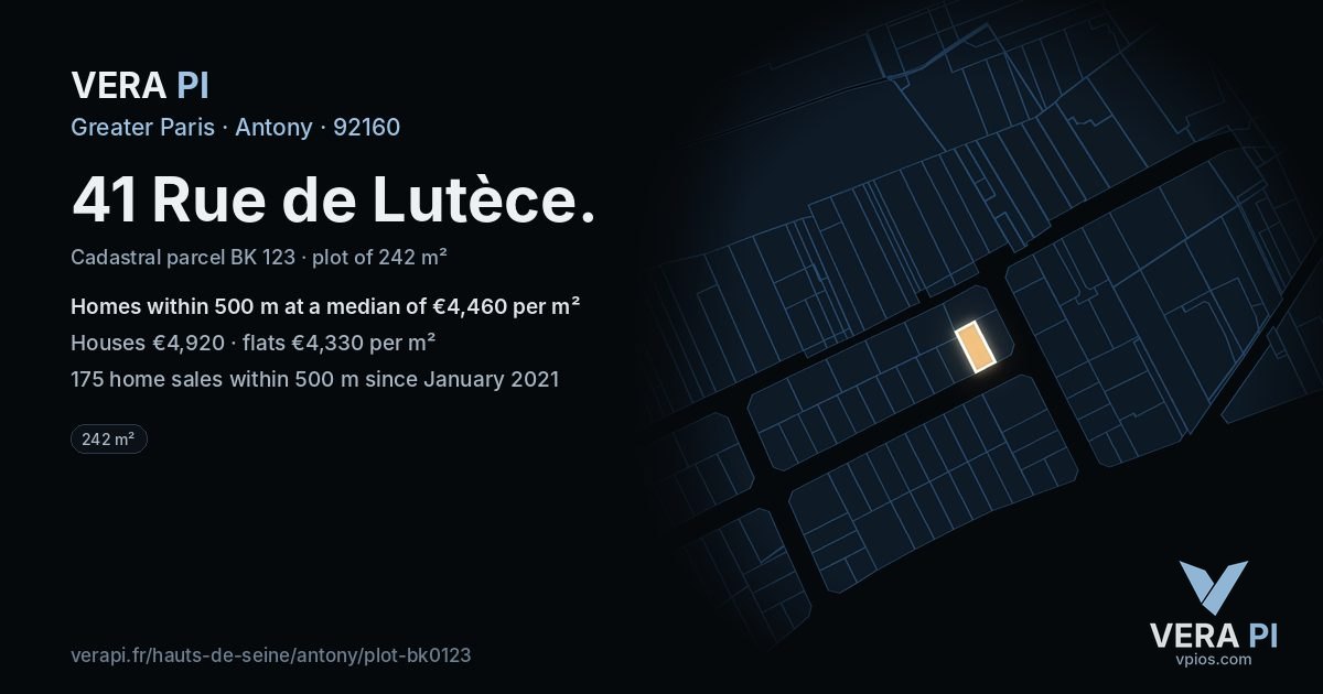 41 Rue de Lutèce, Antony at night – the plot lit, the parcels around coloured by the prices near them