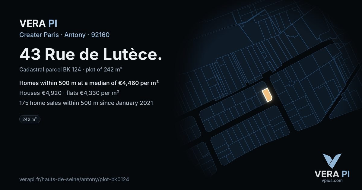 43 Rue de Lutèce, Antony at night – the plot lit, the parcels around coloured by the prices near them