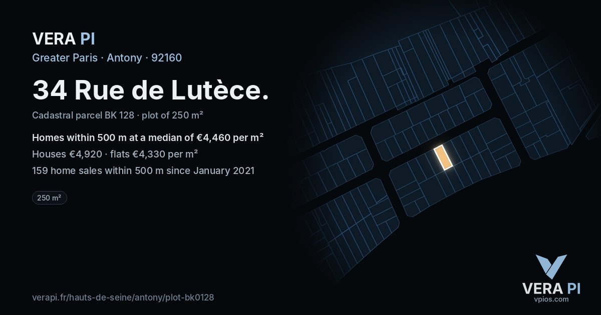 34 Rue de Lutèce, Antony at night – the plot lit, the parcels around coloured by the prices near them