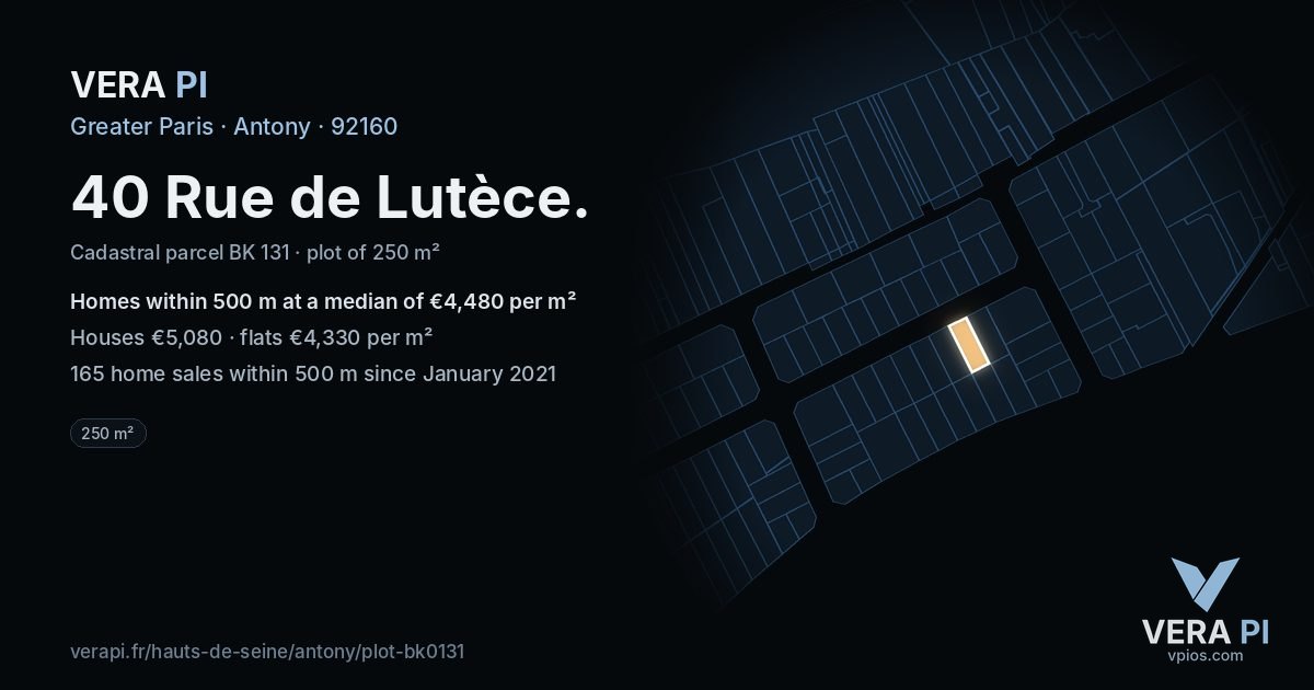40 Rue de Lutèce, Antony at night – the plot lit, the parcels around coloured by the prices near them