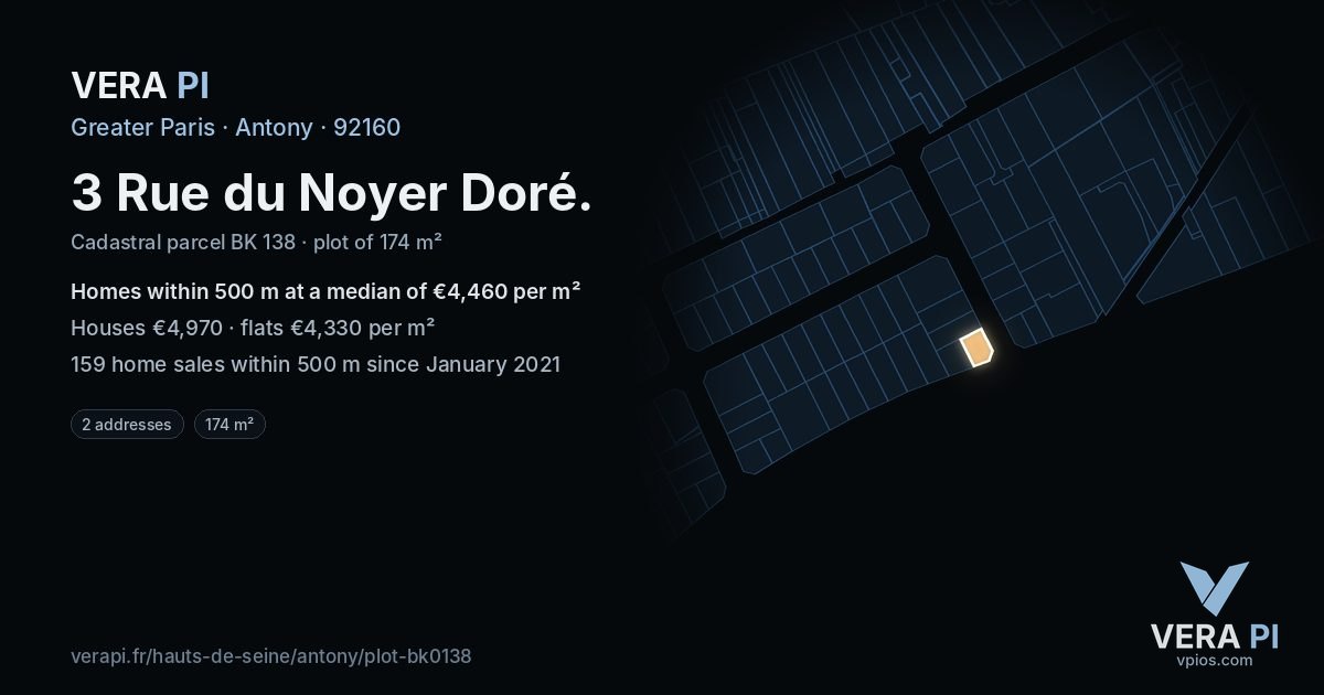 3 Rue du Noyer Doré, Antony at night – the plot lit, the parcels around coloured by the prices near them