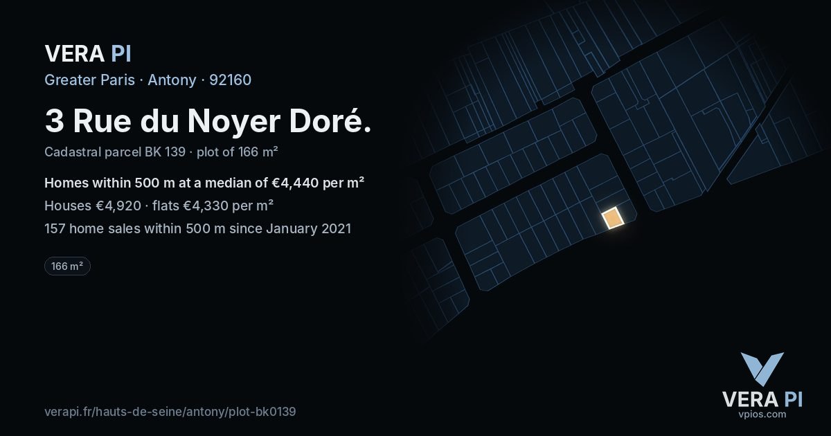 3 Rue du Noyer Doré, Antony at night – the plot lit, the parcels around coloured by the prices near them