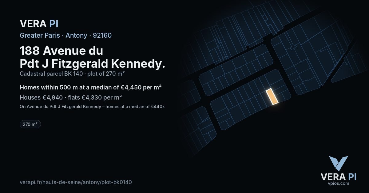 188 Avenue du Pdt J Fitzgerald Kennedy, Antony at night – the plot lit, the parcels around coloured by the prices near them