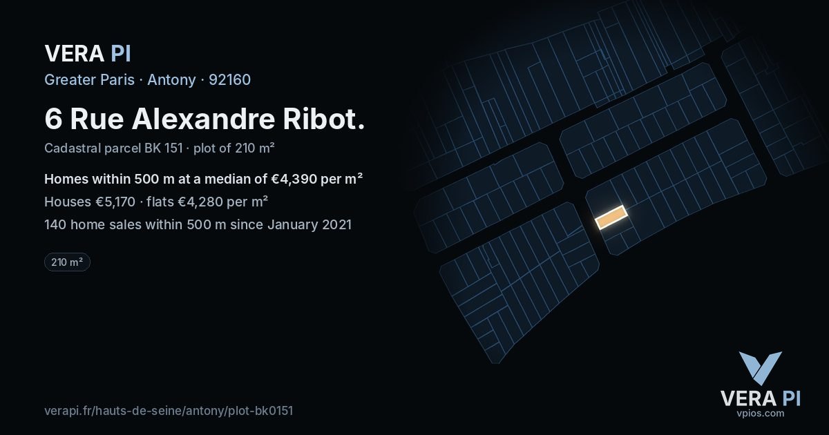 6 Rue Alexandre Ribot, Antony at night – the plot lit, the parcels around coloured by the prices near them