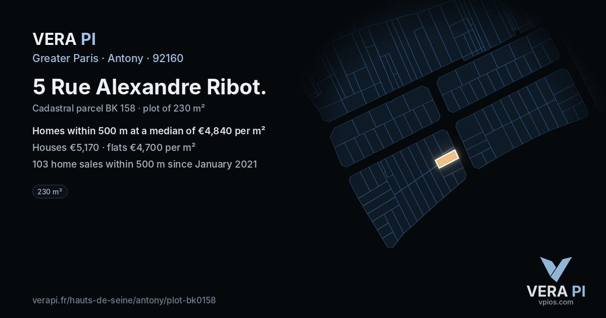 5 Rue Alexandre Ribot, Antony at night – the plot lit, the parcels around coloured by the prices near them