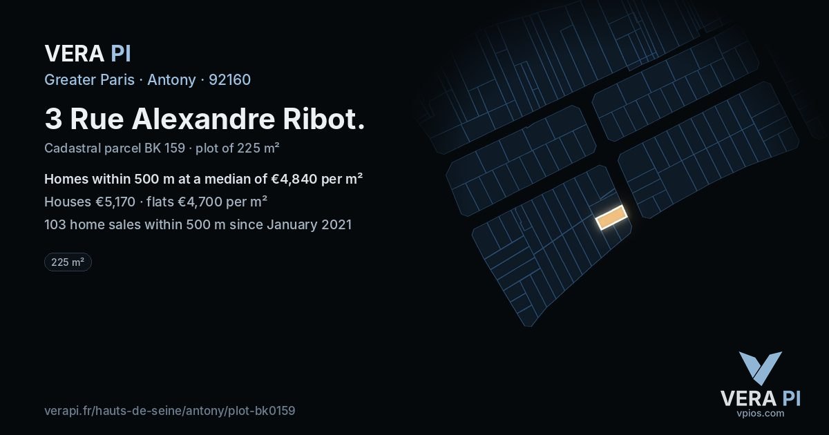 3 Rue Alexandre Ribot, Antony at night – the plot lit, the parcels around coloured by the prices near them