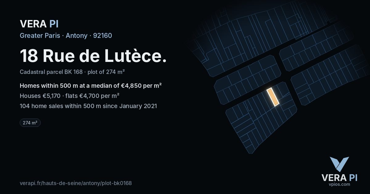 18 Rue de Lutèce, Antony at night – the plot lit, the parcels around coloured by the prices near them
