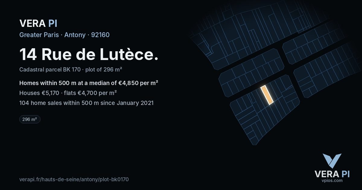 14 Rue de Lutèce, Antony at night – the plot lit, the parcels around coloured by the prices near them