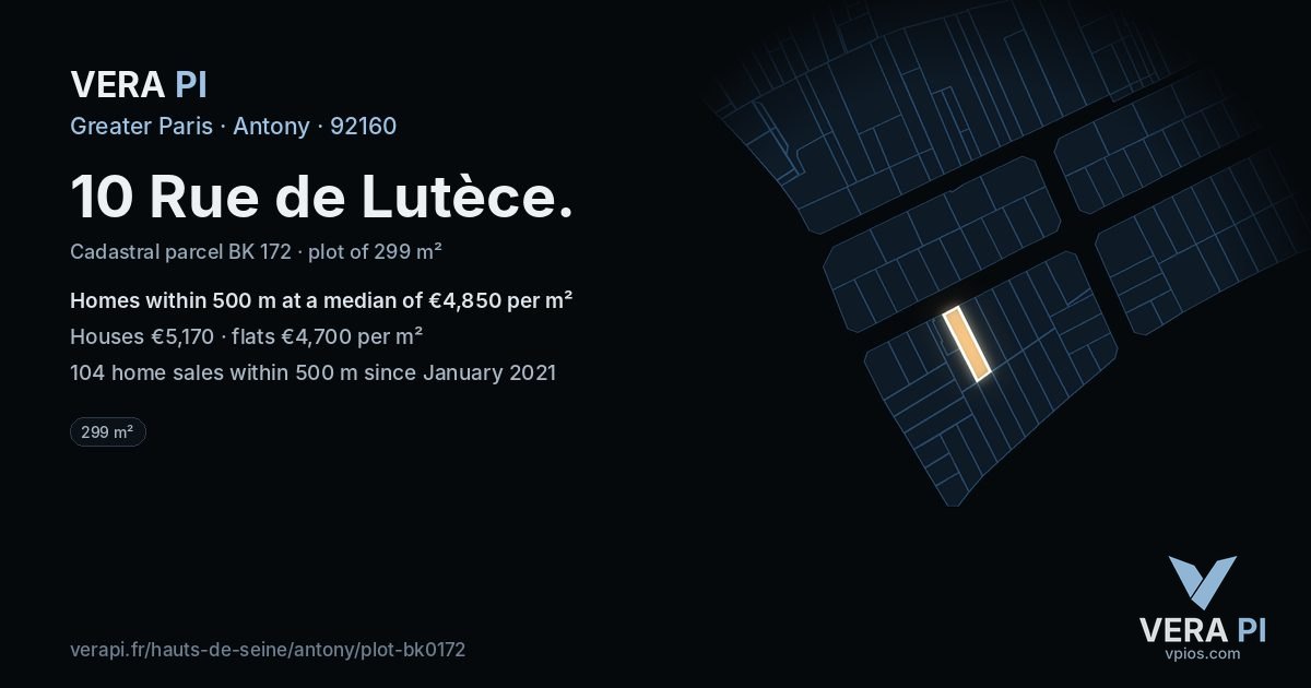 10 Rue de Lutèce, Antony at night – the plot lit, the parcels around coloured by the prices near them