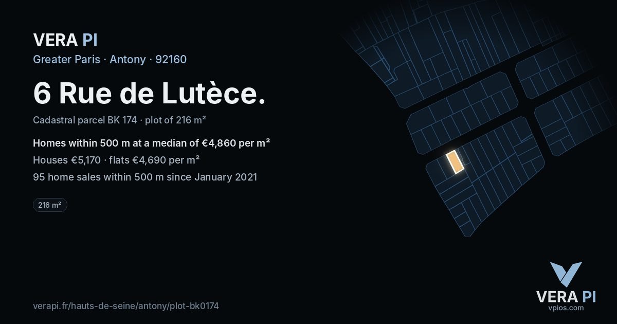 6 Rue de Lutèce, Antony at night – the plot lit, the parcels around coloured by the prices near them