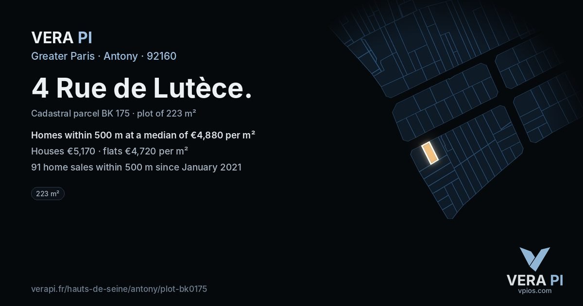 4 Rue de Lutèce, Antony at night – the plot lit, the parcels around coloured by the prices near them