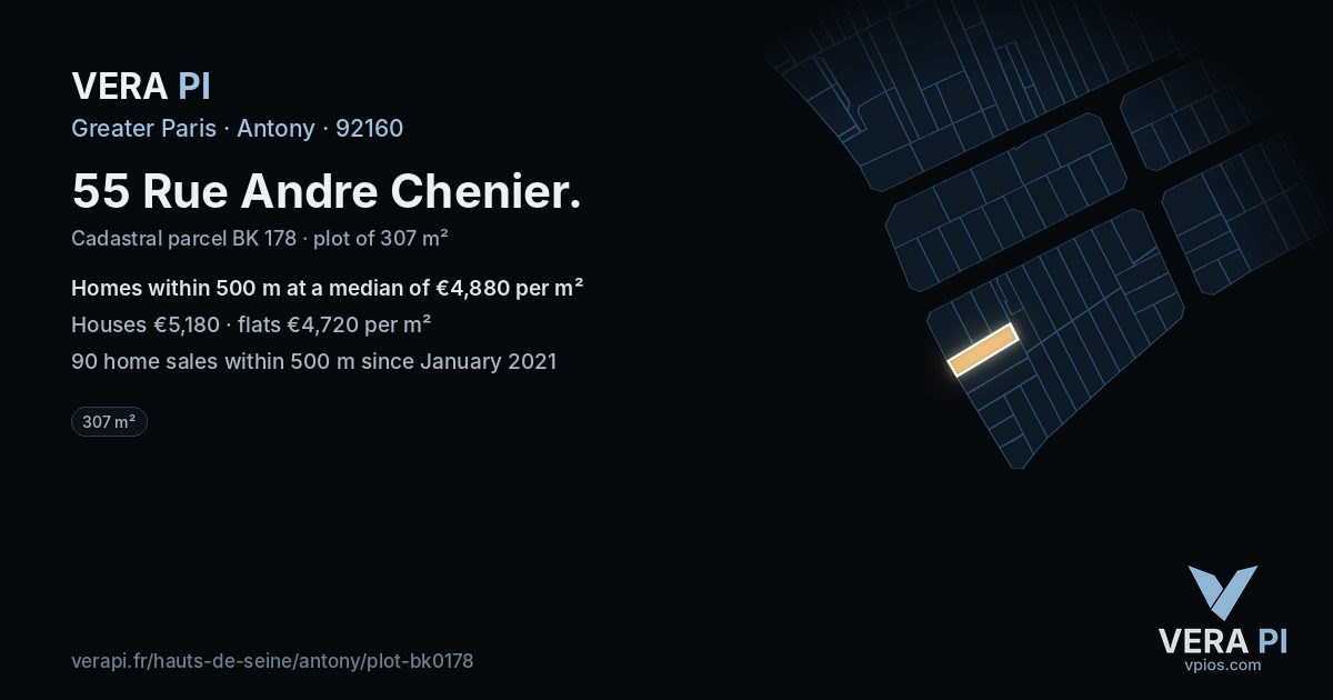 55 Rue Andre Chenier, Antony at night – the plot lit, the parcels around coloured by the prices near them