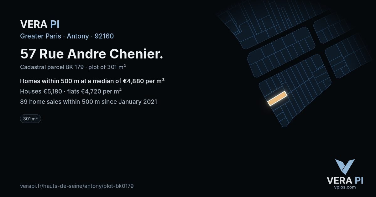 57 Rue Andre Chenier, Antony at night – the plot lit, the parcels around coloured by the prices near them