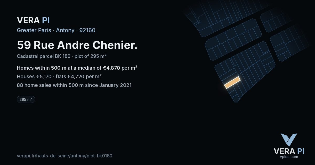 59 Rue Andre Chenier, Antony at night – the plot lit, the parcels around coloured by the prices near them
