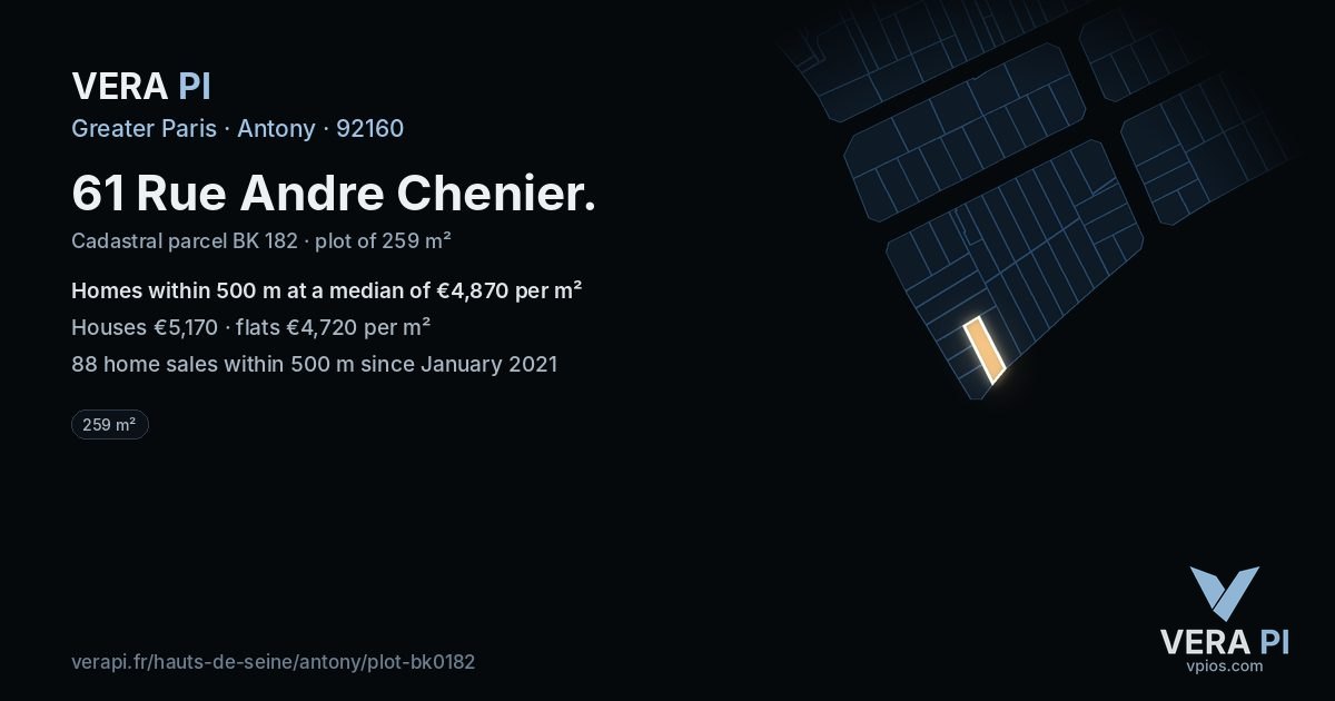 61 Rue Andre Chenier, Antony at night – the plot lit, the parcels around coloured by the prices near them