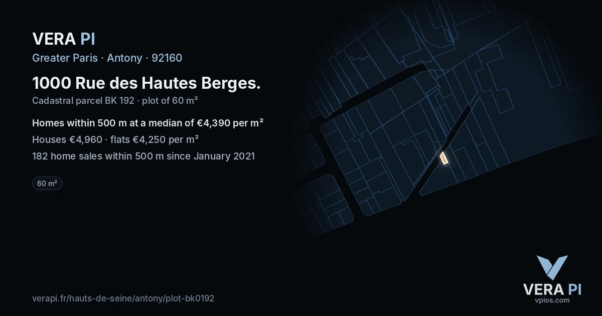 1000 Rue des Hautes Berges, Antony at night – the plot lit, the parcels around coloured by the prices near them