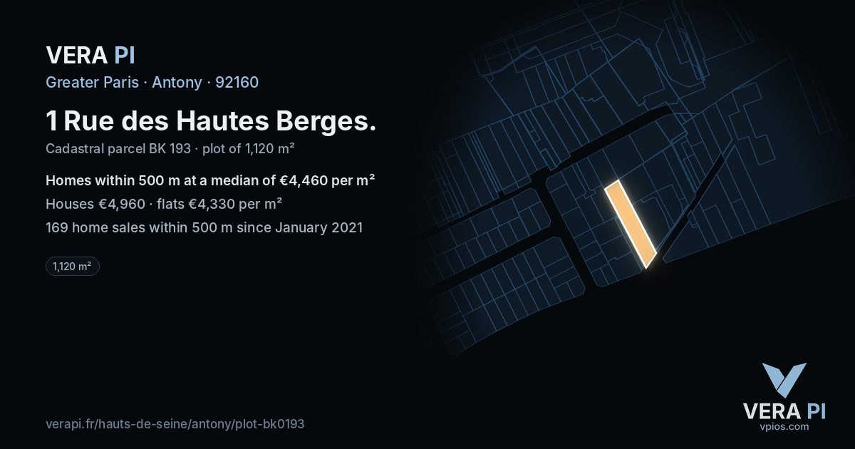 1 Rue des Hautes Berges, Antony at night – the plot lit, the parcels around coloured by the prices near them