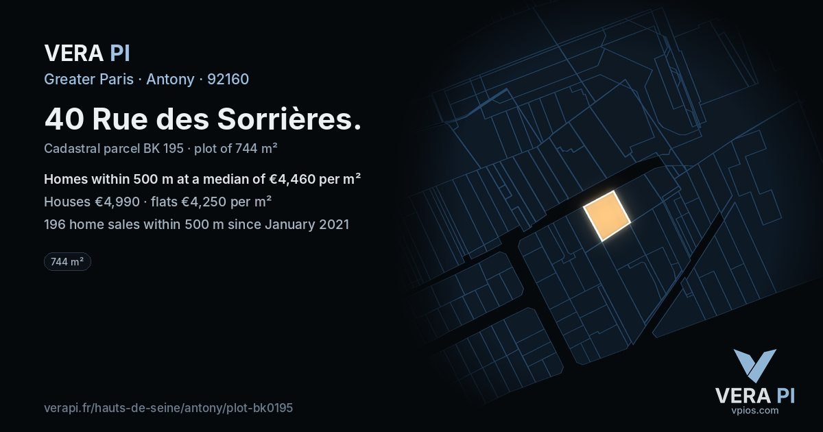 40 Rue des Sorrières, Antony at night – the plot lit, the parcels around coloured by the prices near them