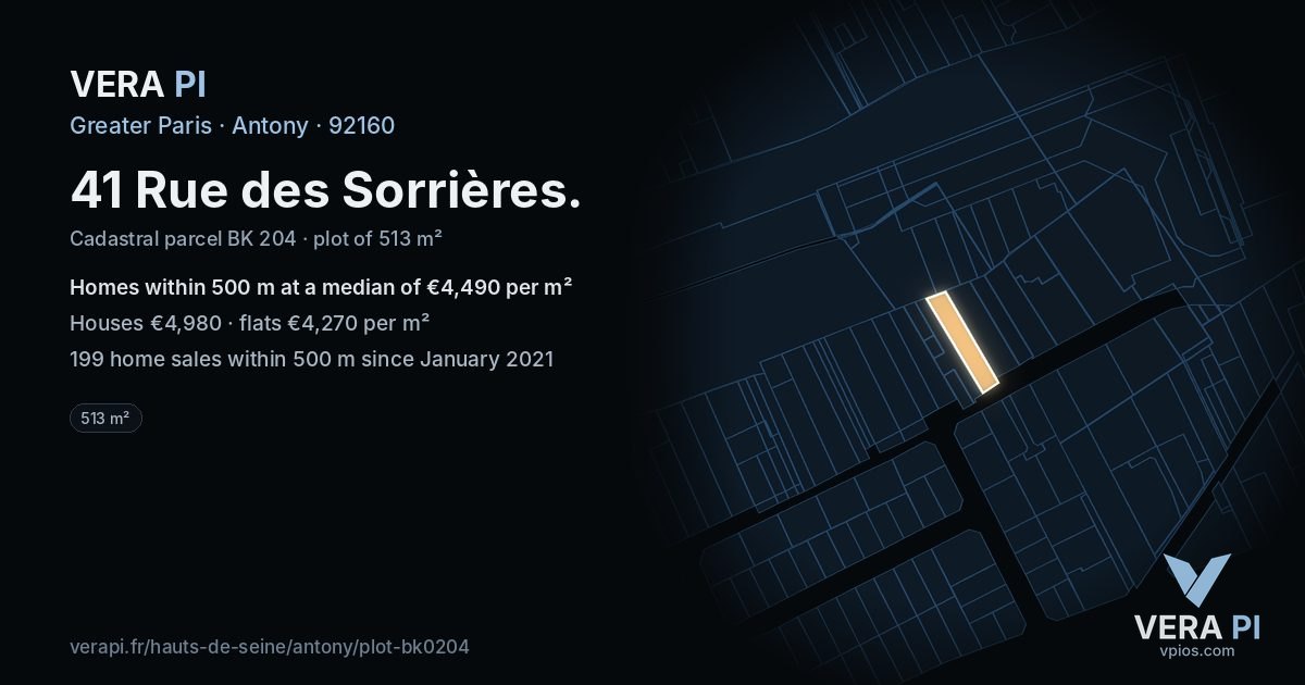 41 Rue des Sorrières, Antony at night – the plot lit, the parcels around coloured by the prices near them