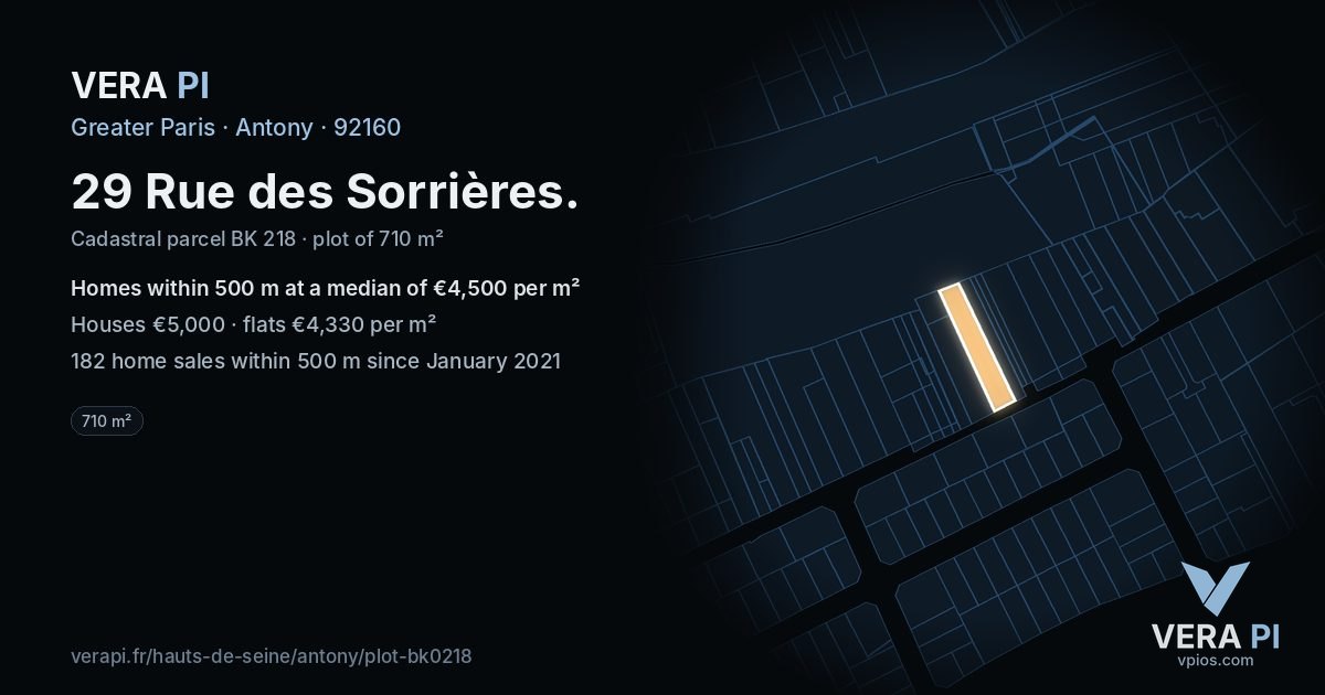 29 Rue des Sorrières, Antony at night – the plot lit, the parcels around coloured by the prices near them