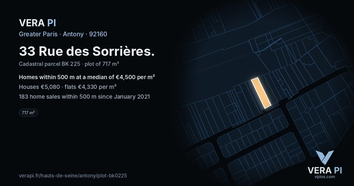 33 Rue des Sorrières, Antony at night – the plot lit, the parcels around coloured by the prices near them