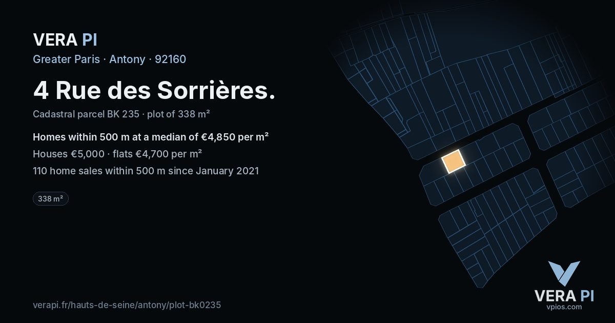 4 Rue des Sorrières, Antony at night – the plot lit, the parcels around coloured by the prices near them