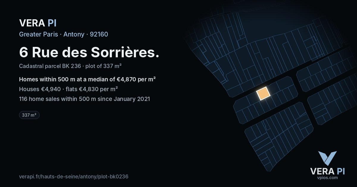 6 Rue des Sorrières, Antony at night – the plot lit, the parcels around coloured by the prices near them