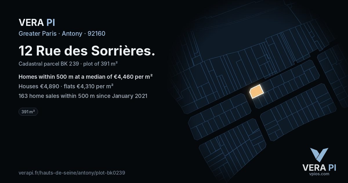 12 Rue des Sorrières, Antony at night – the plot lit, the parcels around coloured by the prices near them