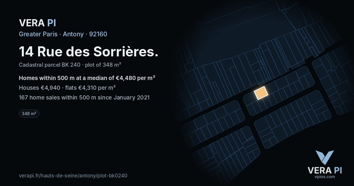 14 Rue des Sorrières, Antony at night – the plot lit, the parcels around coloured by the prices near them