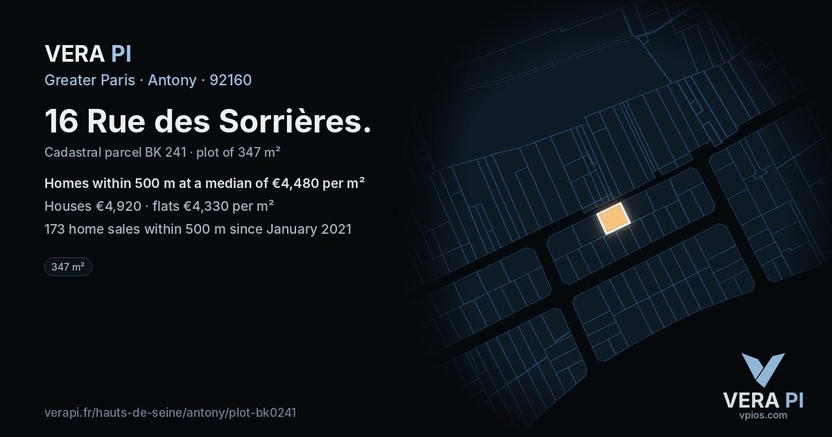 16 Rue des Sorrières, Antony at night – the plot lit, the parcels around coloured by the prices near them