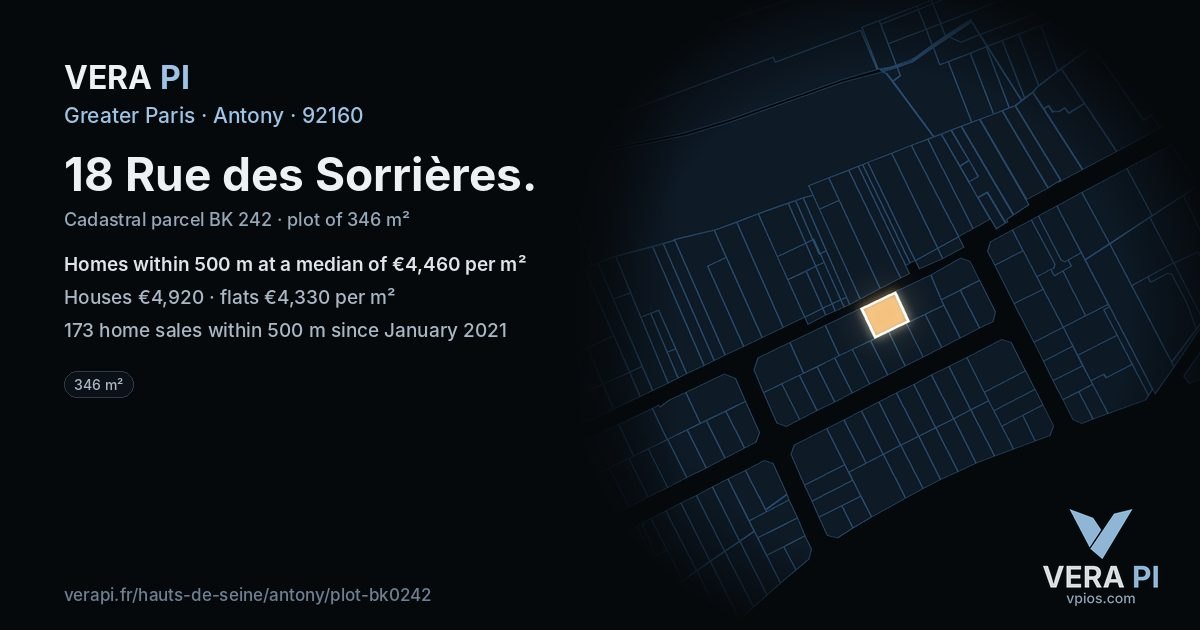 18 Rue des Sorrières, Antony at night – the plot lit, the parcels around coloured by the prices near them