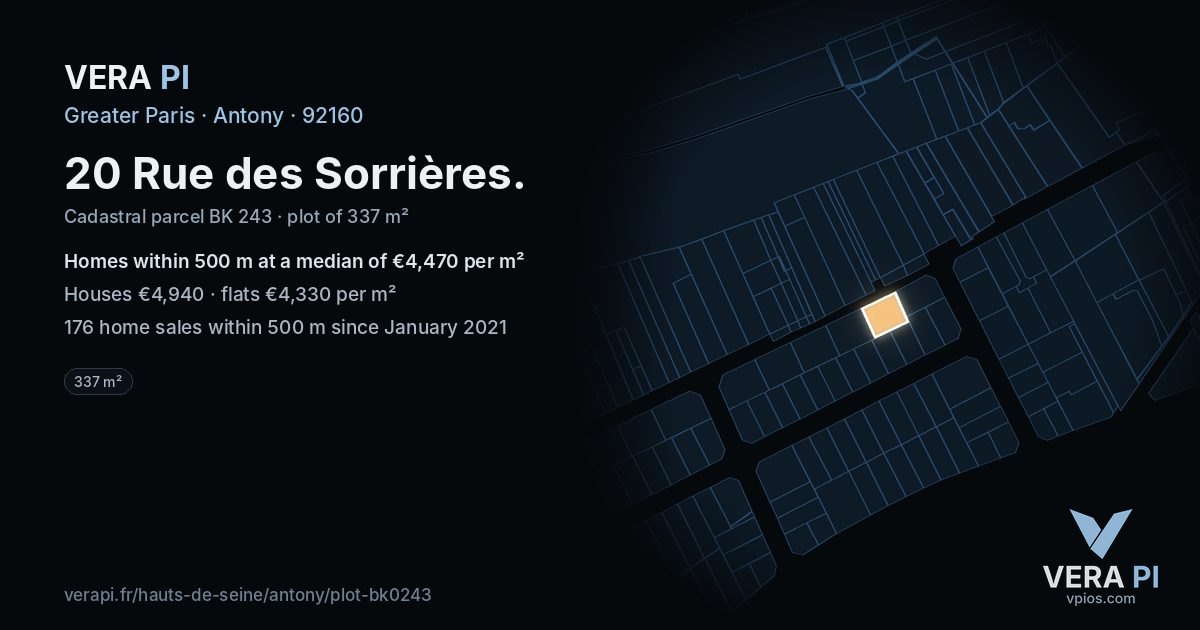 20 Rue des Sorrières, Antony at night – the plot lit, the parcels around coloured by the prices near them