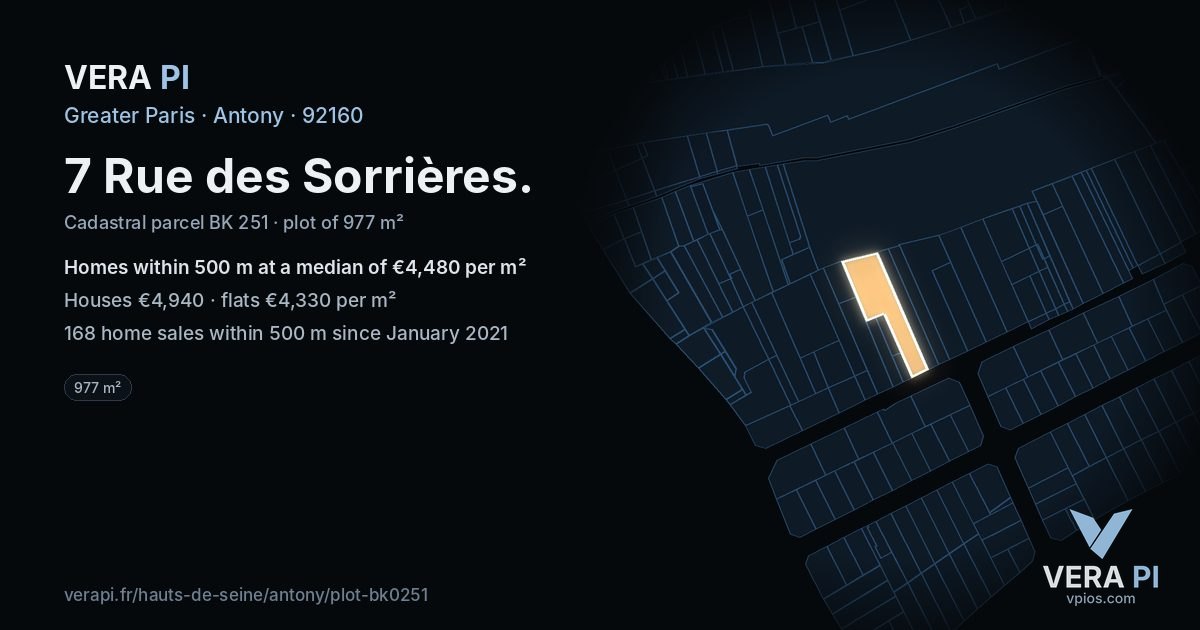 7 Rue des Sorrières, Antony at night – the plot lit, the parcels around coloured by the prices near them