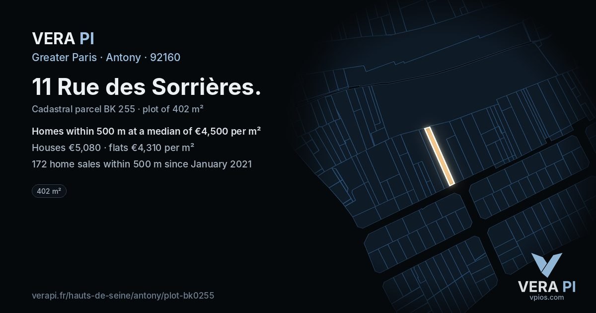 11 Rue des Sorrières, Antony at night – the plot lit, the parcels around coloured by the prices near them
