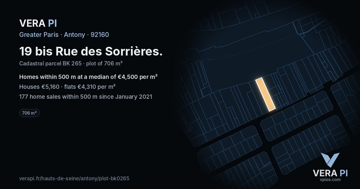 19 bis Rue des Sorrières, Antony at night – the plot lit, the parcels around coloured by the prices near them