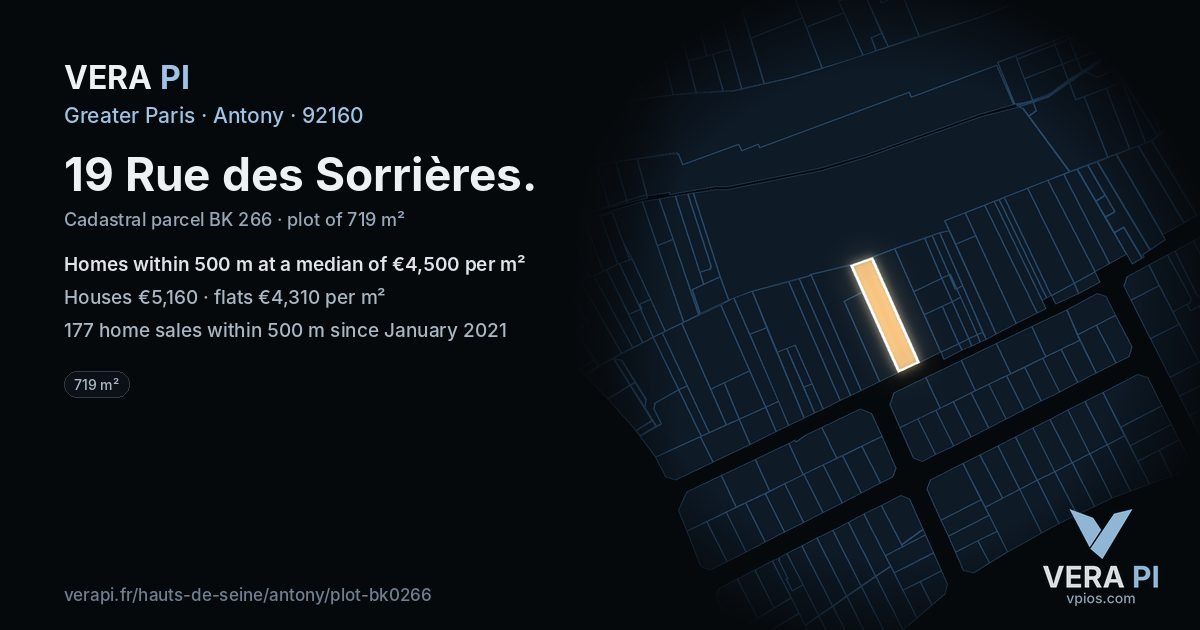 19 Rue des Sorrières, Antony at night – the plot lit, the parcels around coloured by the prices near them