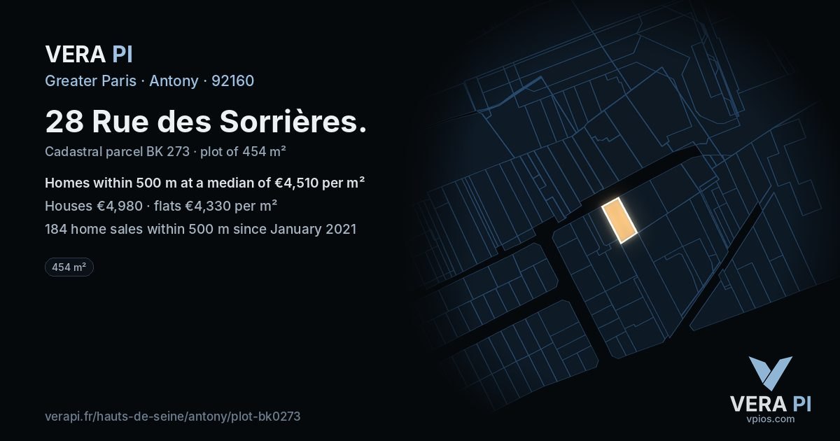 28 Rue des Sorrières, Antony at night – the plot lit, the parcels around coloured by the prices near them