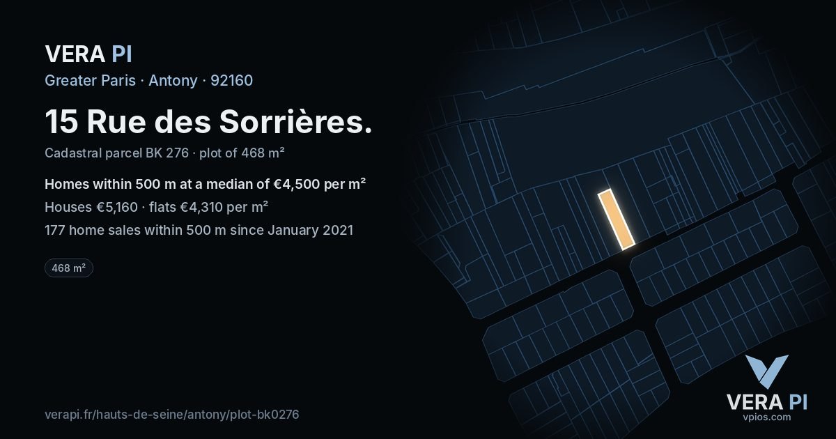 15 Rue des Sorrières, Antony at night – the plot lit, the parcels around coloured by the prices near them