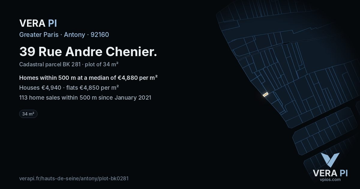 39 Rue Andre Chenier, Antony at night – the plot lit, the parcels around coloured by the prices near them
