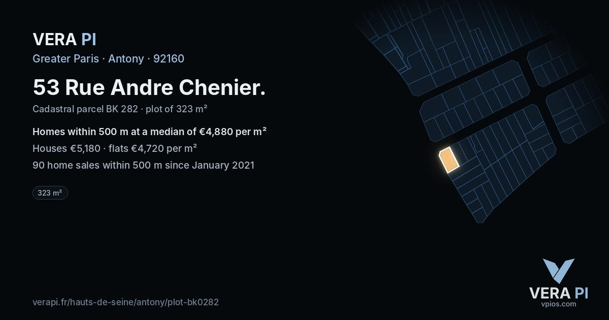 53 Rue Andre Chenier, Antony at night – the plot lit, the parcels around coloured by the prices near them
