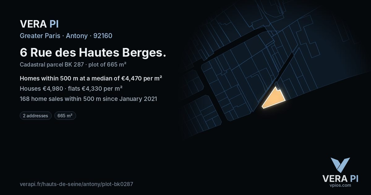 6 Rue des Hautes Berges, Antony at night – the plot lit, the parcels around coloured by the prices near them