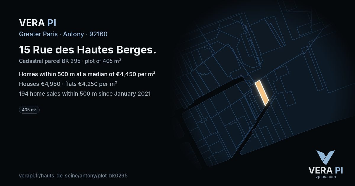 15 Rue des Hautes Berges, Antony at night – the plot lit, the parcels around coloured by the prices near them