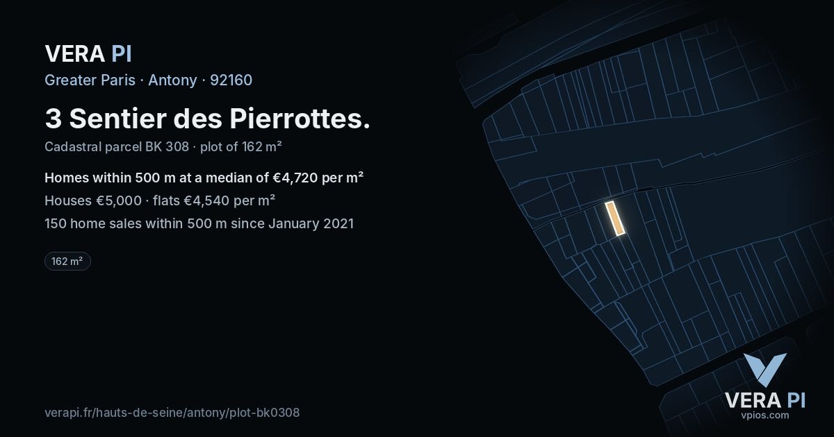 3 Sentier des Pierrottes, Antony at night – the plot lit, the parcels around coloured by the prices near them