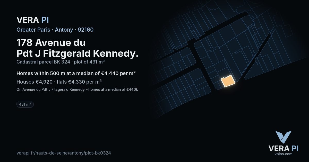 178 Avenue du Pdt J Fitzgerald Kennedy, Antony at night – the plot lit, the parcels around coloured by the prices near them