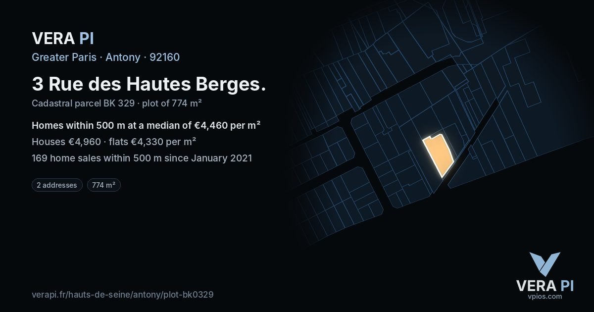 3 Rue des Hautes Berges, Antony at night – the plot lit, the parcels around coloured by the prices near them
