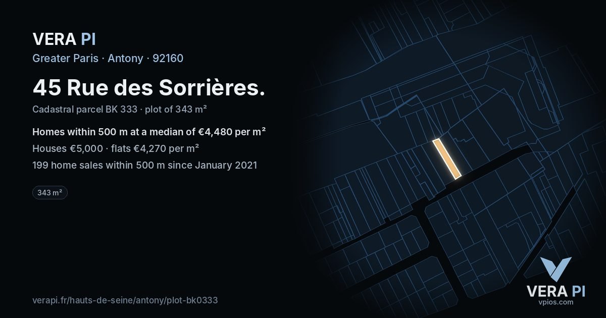 45 Rue des Sorrières, Antony at night – the plot lit, the parcels around coloured by the prices near them