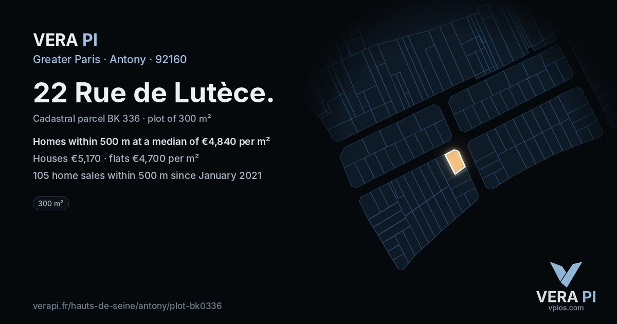 22 Rue de Lutèce, Antony at night – the plot lit, the parcels around coloured by the prices near them